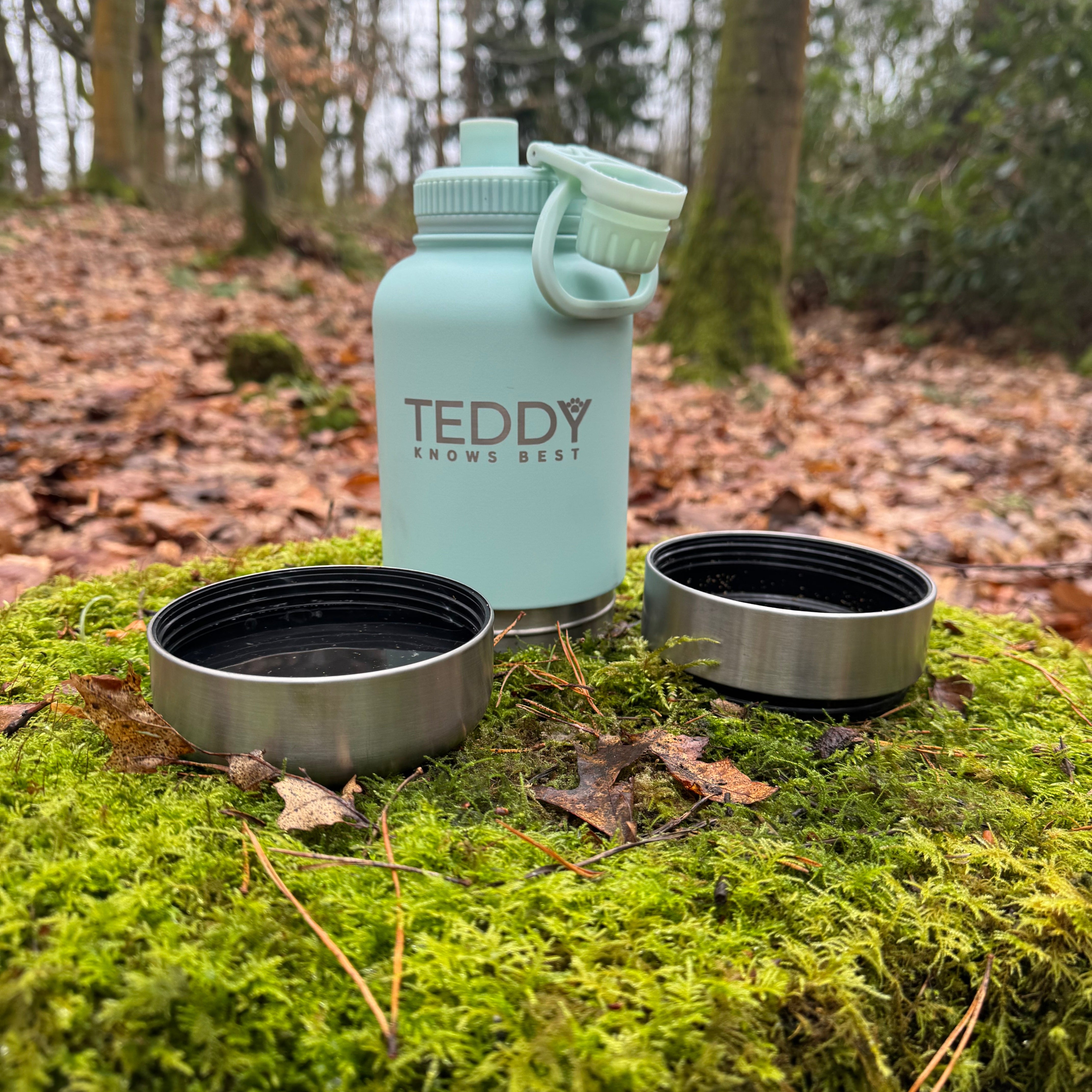 baby blue 3 in 1 portable water bottle for dogs with bowls dethatched and with food and water in the bowls