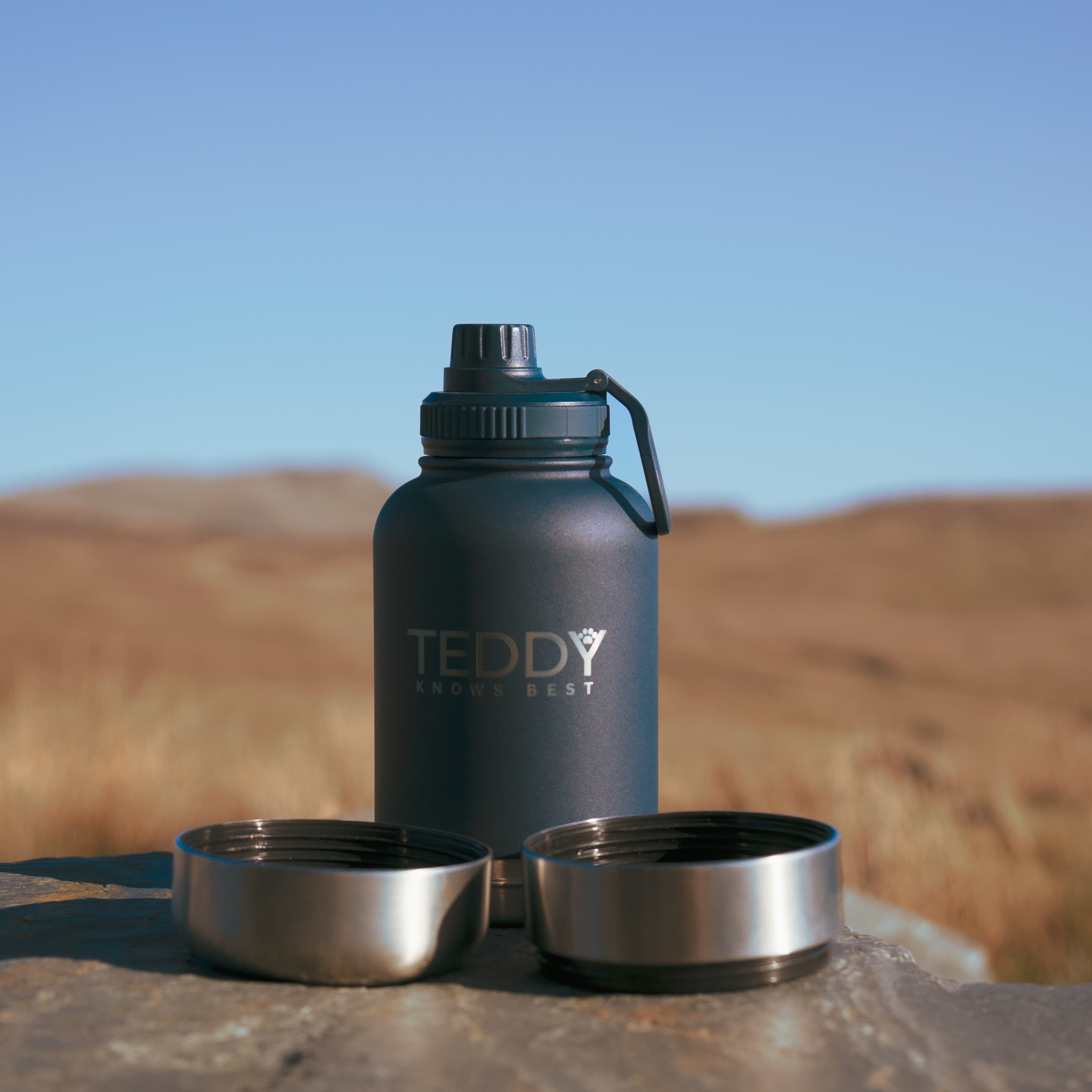 Navy Blue thermal portable water bottle with detachable bowls