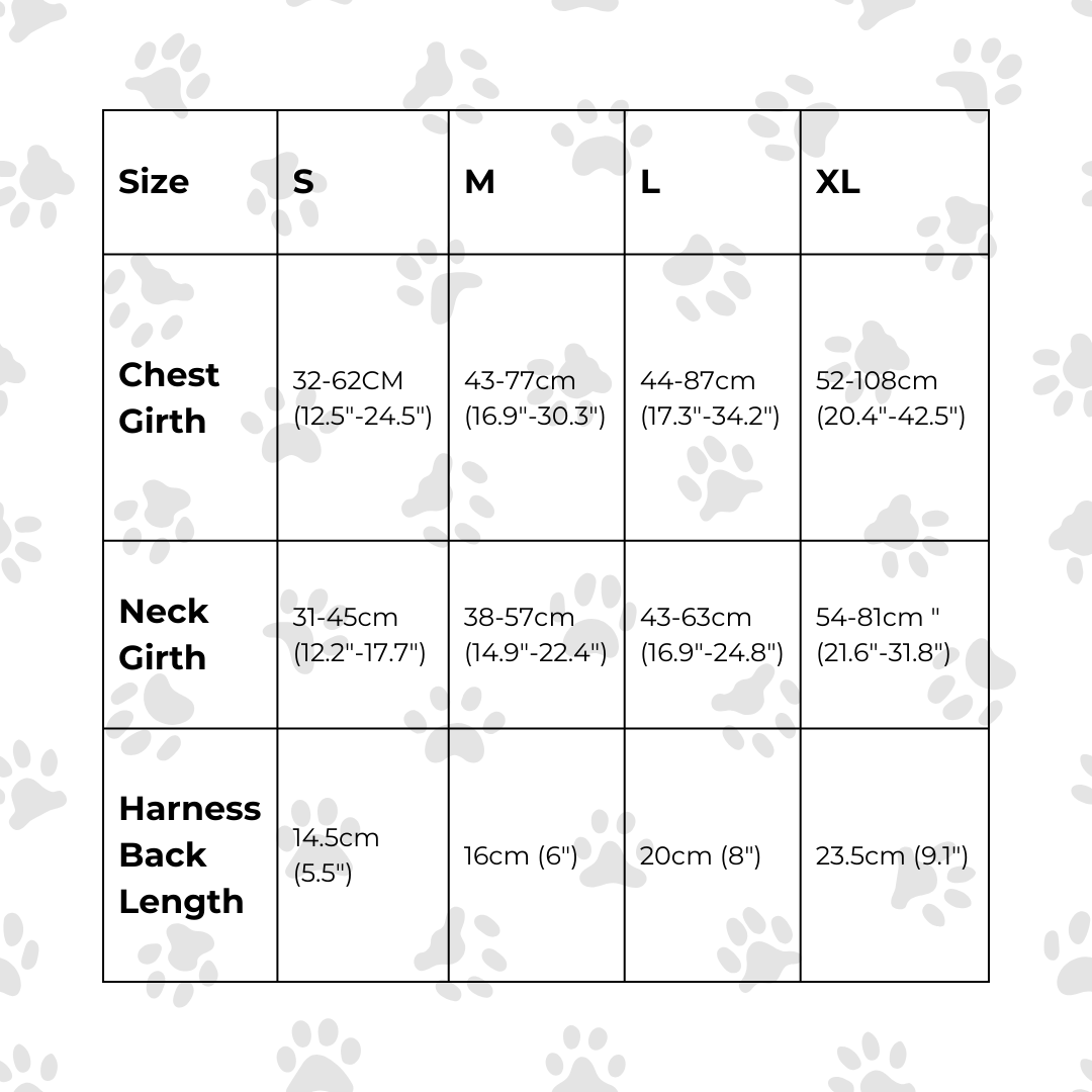 size chart for dog harnesses