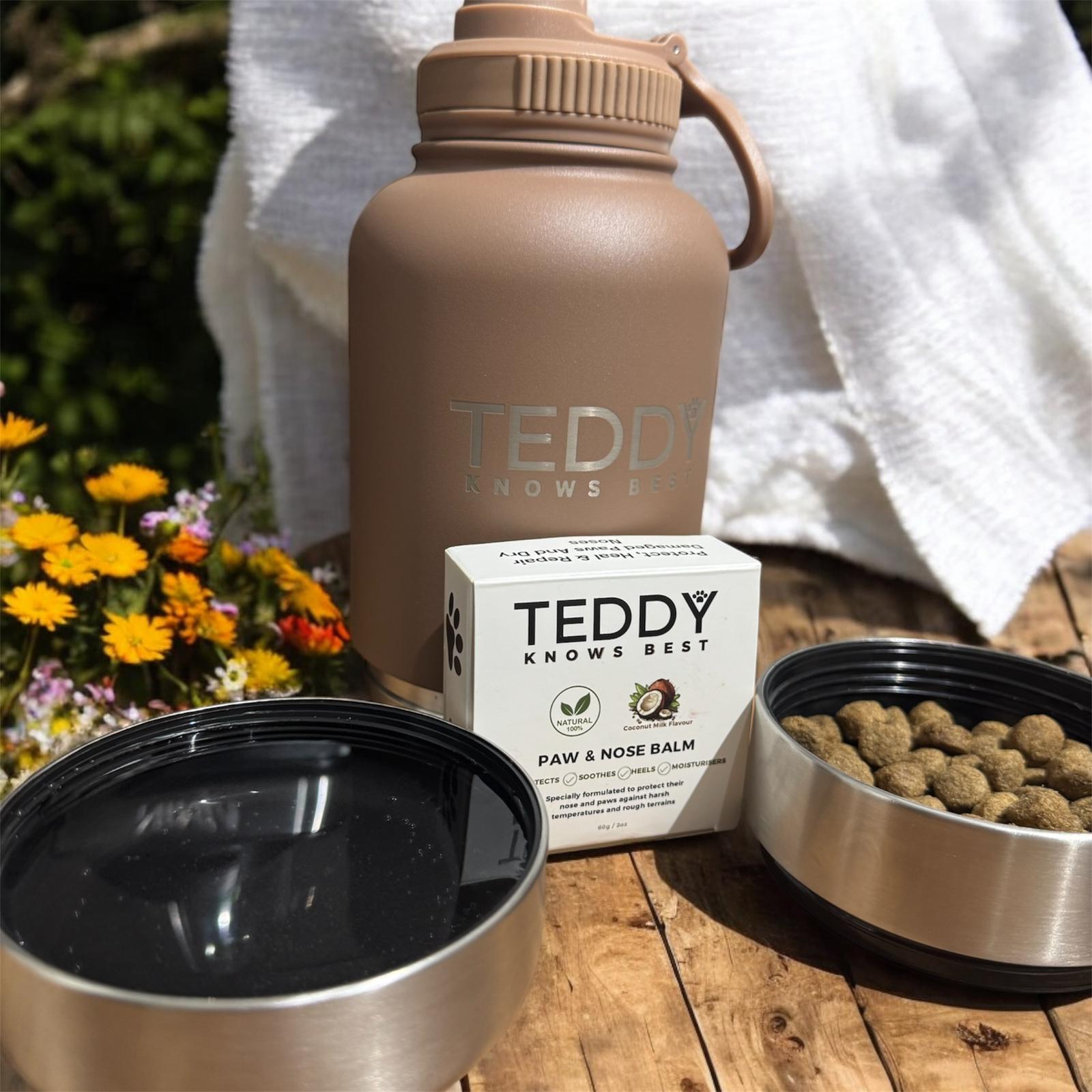 Mocha 3 in 1 portable water bottle with bowls detached and the Teddy Knows Best paw and nose balm for dogs
