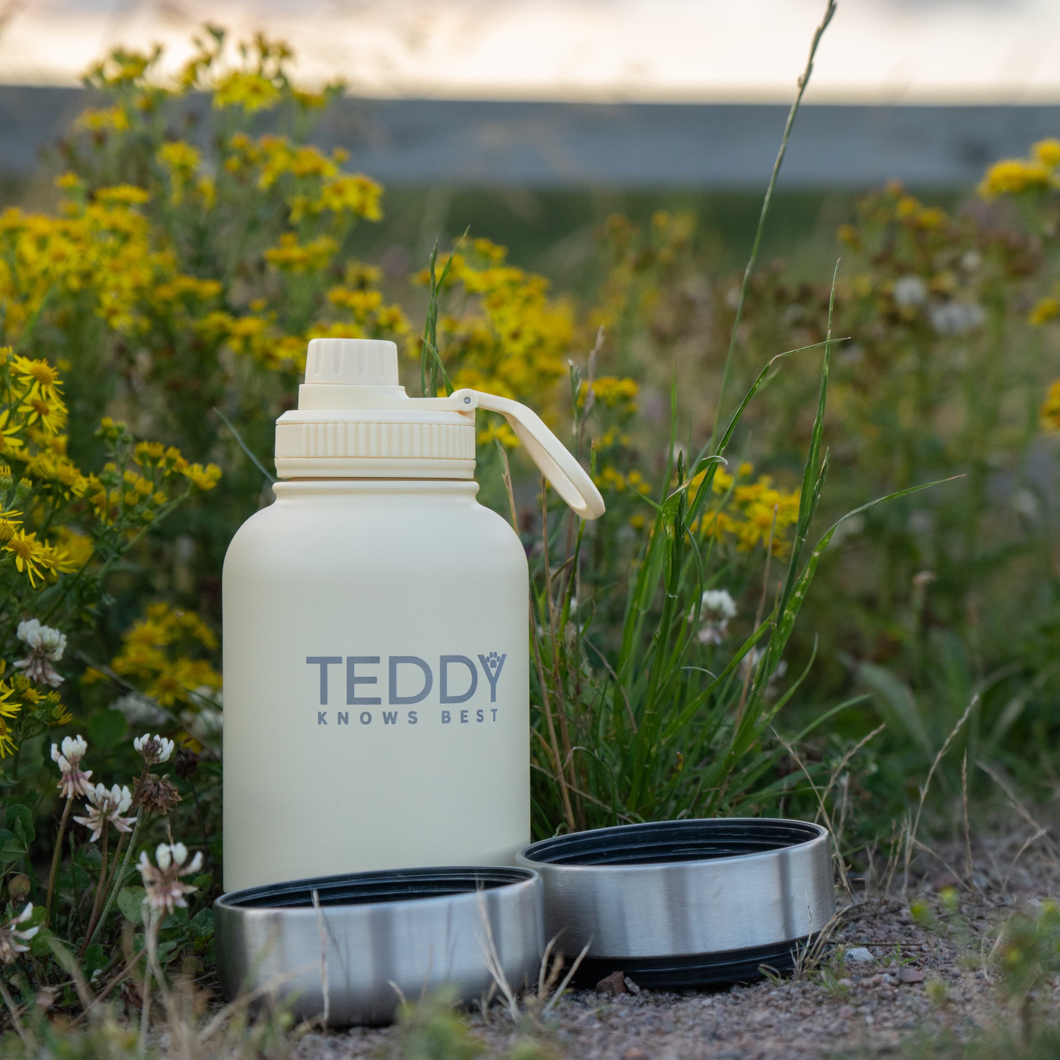 Butter yellow water bottle with 'TEDDY' branding in a natural setting with flowers and grass.