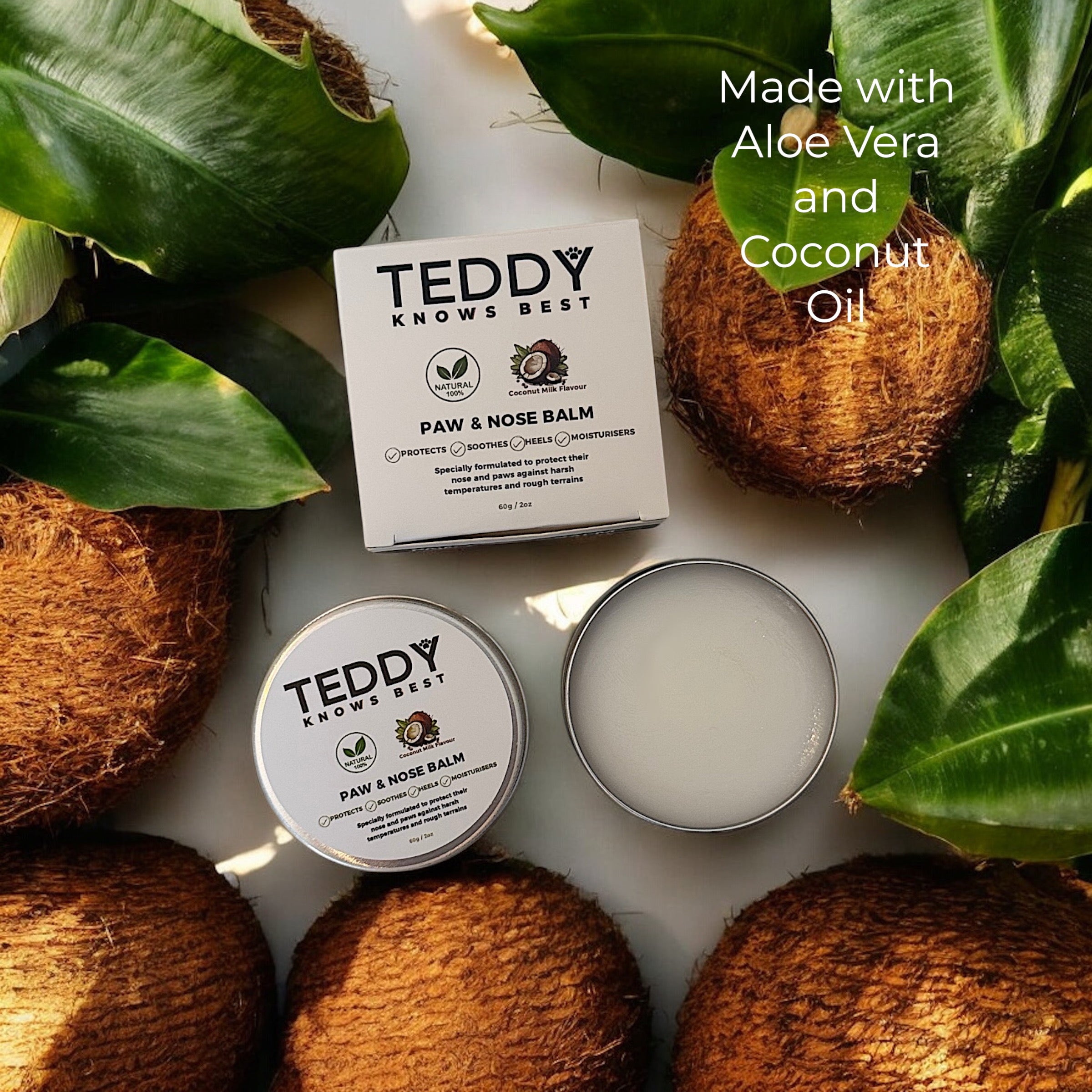 Teddy Knows Best Paw and Nose Balm surrounded by coconuts and Aloe Vera 