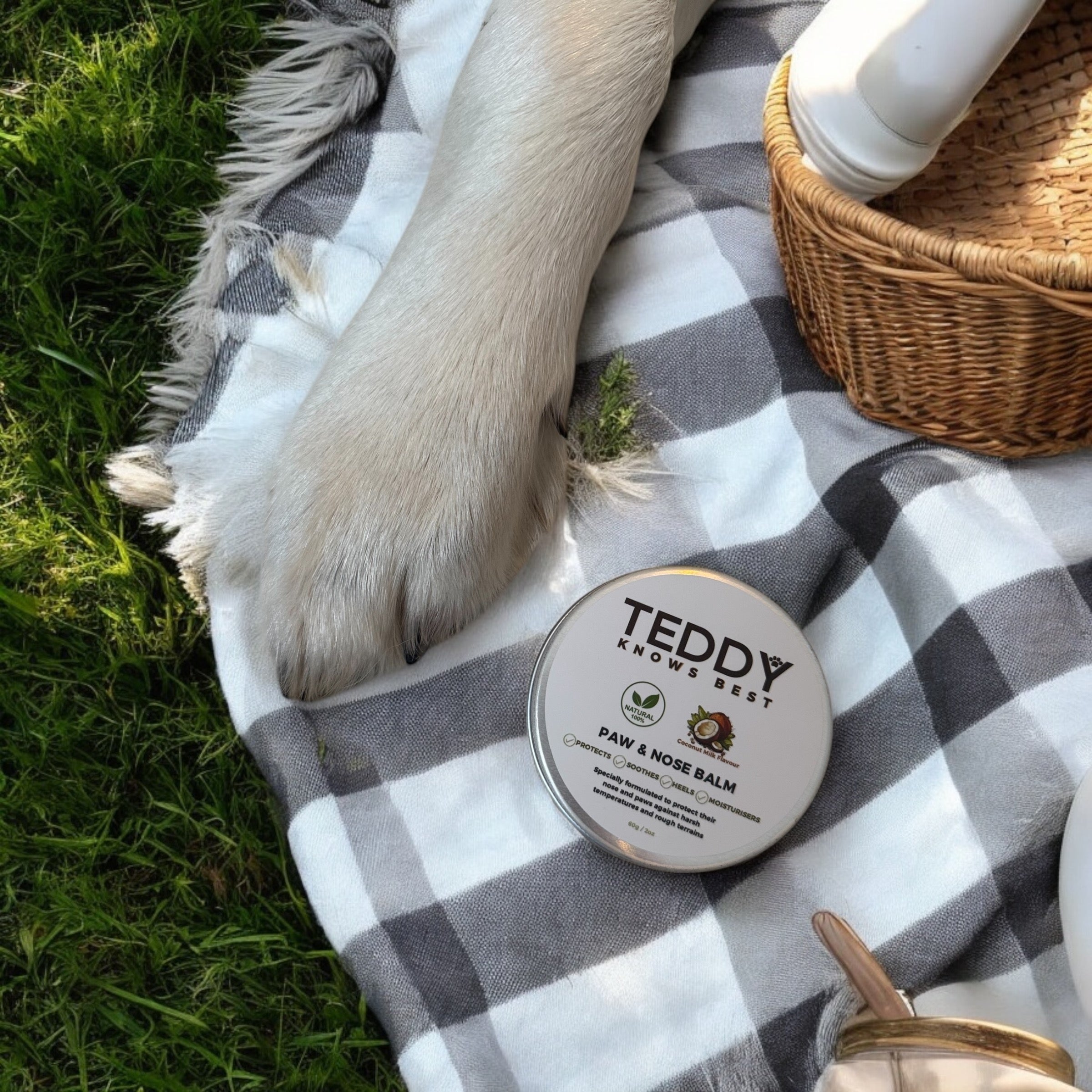 Teddy with his Paw next to the paw and nose balm for dogs on a picnic blanket