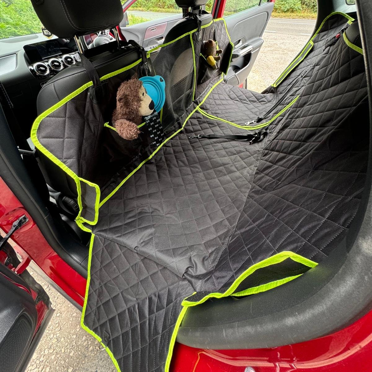 Car seat cover with both exit flaps down