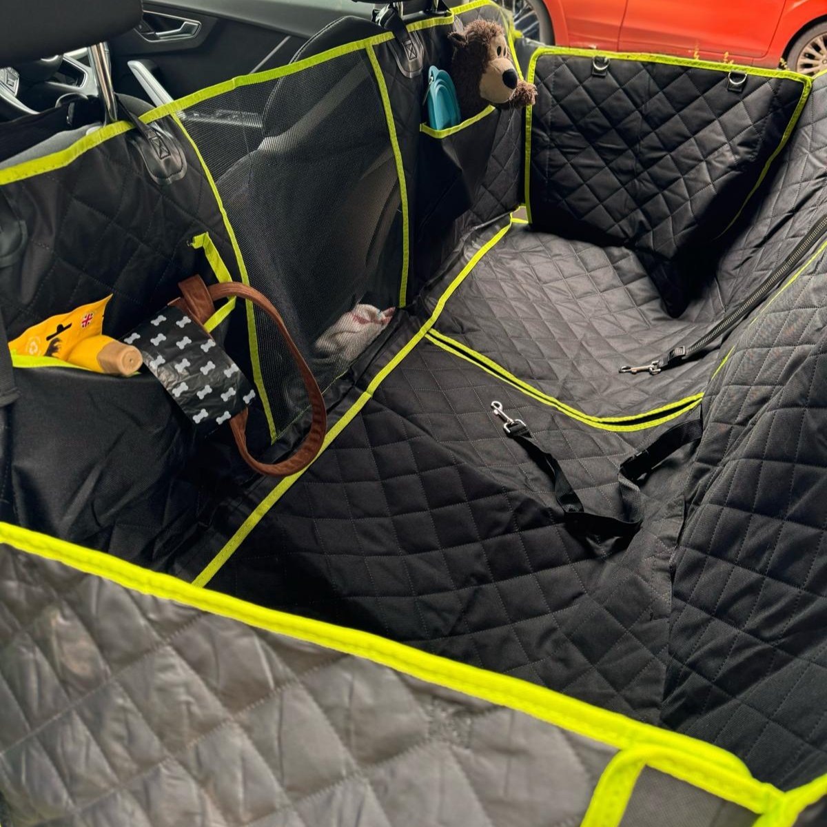 Car seat cover fully assembled with seatbelt and full pockets